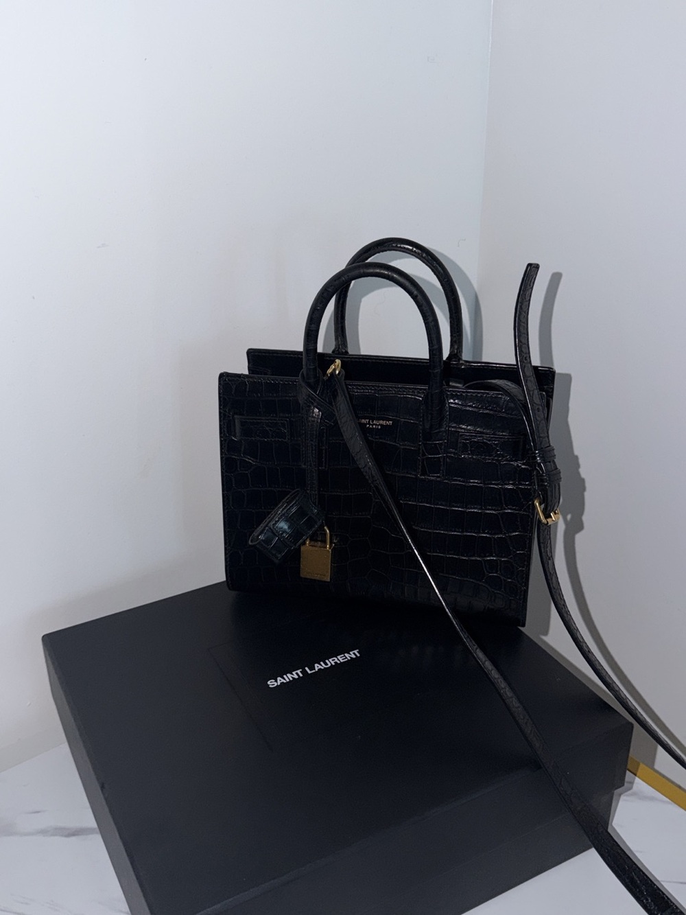 Saint Laurent Black Croc-Embossed Small Sac de Jour Satchel